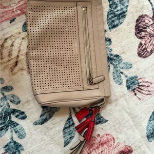 Coach Beige and Red Perforated Leather Wristlet